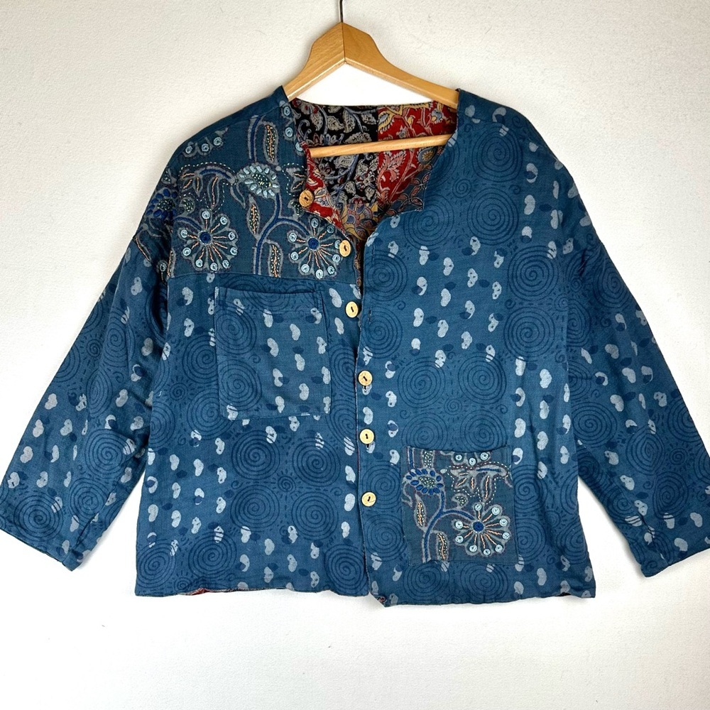 Reversible Button Up Patchwork & Embroidered Jacket Lightweight Office